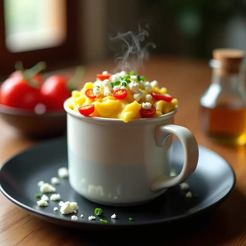 Taza blanca alta con huevos revueltos cremosos, pimientos asados rojos y trozos de queso de cabra derretido. Decorado con cebollino fresco y un hilo de aceite de oliva. Plato negro de fondo con efecto vapor para resaltar la textura.