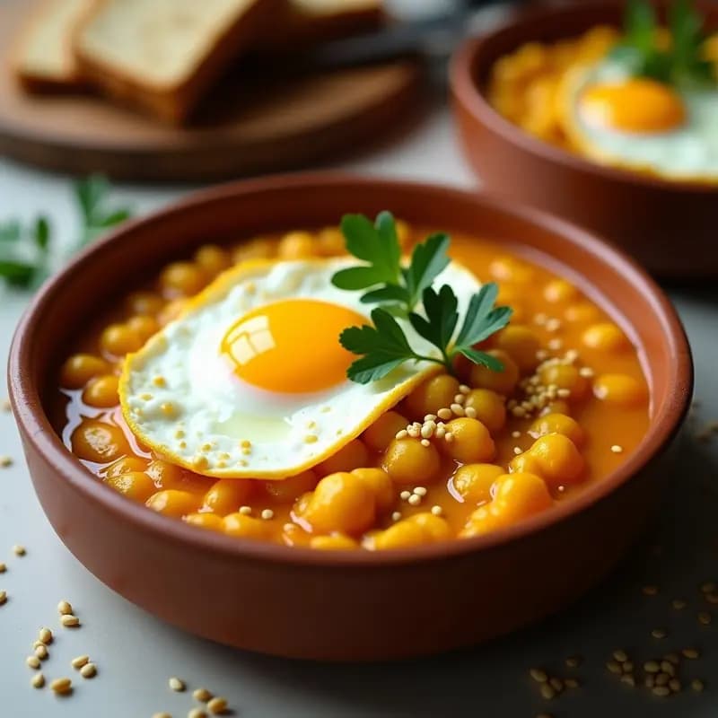 Plato hondo de barro con huevos revueltos esponjosos sobre un puré cremoso de garbanzos de color dorado gracias a la cúrcuma, decorado con perejil fresco y semillas de sésamo tostadas. Receta de desayuno alto en proteína tipo shakshuka, lista para servir.