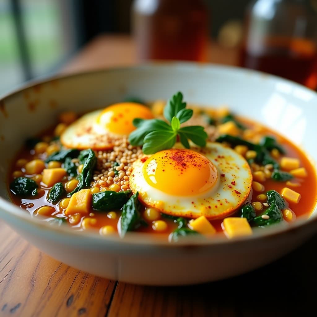 Plato hondo de cerámica blanca con huevos revueltos de tofu desmenuzado, espinacas verdes salteadas y salsa de tomate especiada con cúrcuma, decorado con perejil fresco y semillas de sésamo tostadas. Receta vegana de huevos revueltos de tofu con cúrcuma y espinacas al estilo shakshuka.