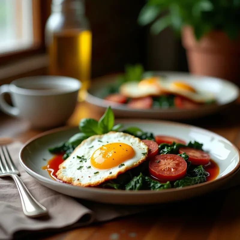 Plato hondo de barro con huevos rotos sobre patatas doradas, espinacas salteadas y rodajas de chorizo ibérico, yema líquida y pimentón espolvoreado.