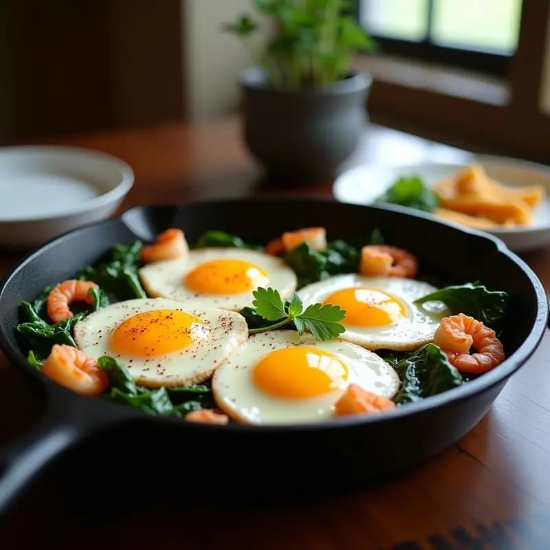Sartén de hierro con huevos rotos sobre un lecho de espinacas salteadas y gambas doradas, receta alta en proteína y rápida.