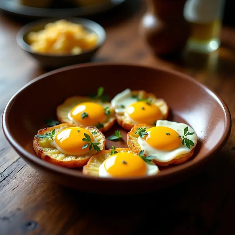 Plato hondo de barro con huevos rotos sobre patatas doradas, láminas de foie gras brillantes y perejil fresco, receta gourmet de huevos rotos con patatas y foie gras.