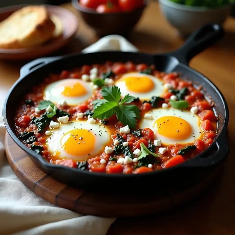 Sartén de hierro con huevos shaksuka poché en salsa de tomate y espinacas, espolvoreados con queso feta desmenuzado, semillas de sésamo y cilantro fresco.