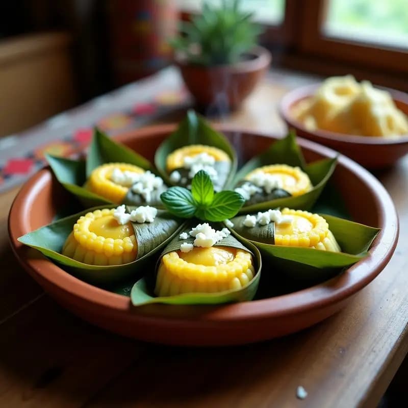 Humitas cremosas peruanas envueltas en hojas de plátano, con queso fresco desmenuzado y hierbabuena, servidas en un plato de barro rústico.