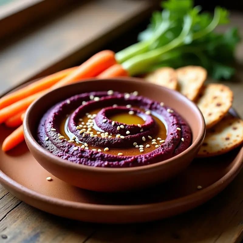 Bol de hummus de betenaga negro con garbanzos, decorado con aceite de oliva, semillas de sésamo y pimentón ahumado, acompañado de pan de pita integral y bastones de zanahoria.