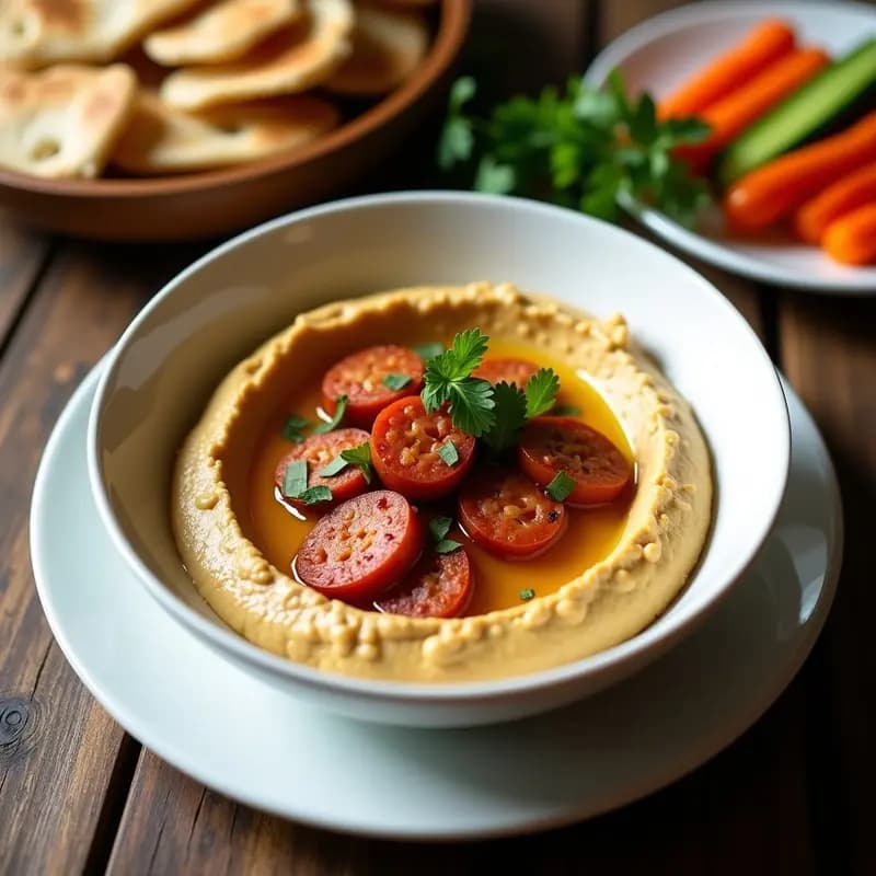 Bol de cerámica blanca con hummus de calabresa picante y ahumado, decorado con rodajas de calabresa dorada, perejil fresco y un hilo de aceite de oliva virgen extra, acompañado de pan de pita tostado.
