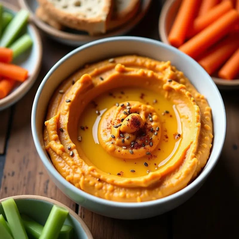 Bowl de cerámica blanca con hummus de boniato asado cremoso, decorado con aceite de oliva virgen extra, semillas de sésamo y pimentón ahumado. Acompañado de bastones de zanahoria y pan de pita integral.