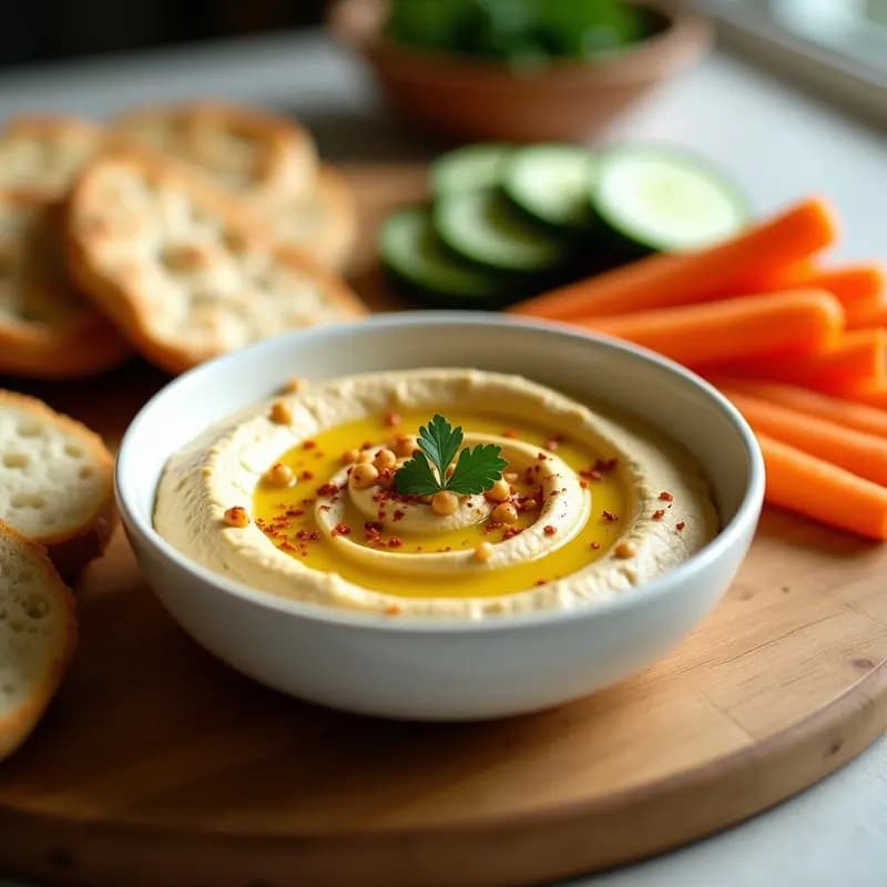 Bol de hummus cremoso casero con surcos decorados, garbanzos enteros, perejil picado y pimentón dulce espolvoreado, acompañado de pan de pita y bastones de zanahoria.