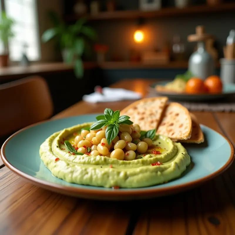 Bol de cerámica blanca con hummus de edamame cremoso, decorado con aceite de oliva, perejil fresco y semillas de sésamo, acompañado de pan de pita integral tostado en triángulos, sobre una mesa rústica de madera con fondo de telas mediterráneas.