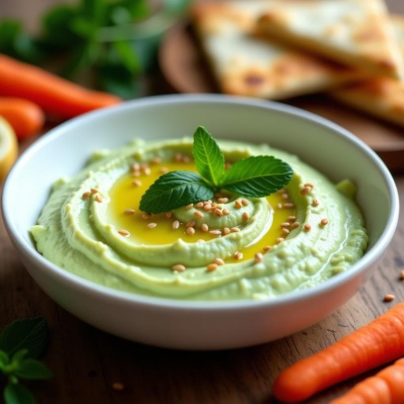 Bol de cerámica blanca con hummus de guisantes y menta cremoso, decorado con semillas de sésamo tostadas, hojas de menta fresca y un hilo de aceite de oliva virgen extra. Acompañado de bastones de zanahoria y pan de pita tostado, sobre una mesa de madera rústica.