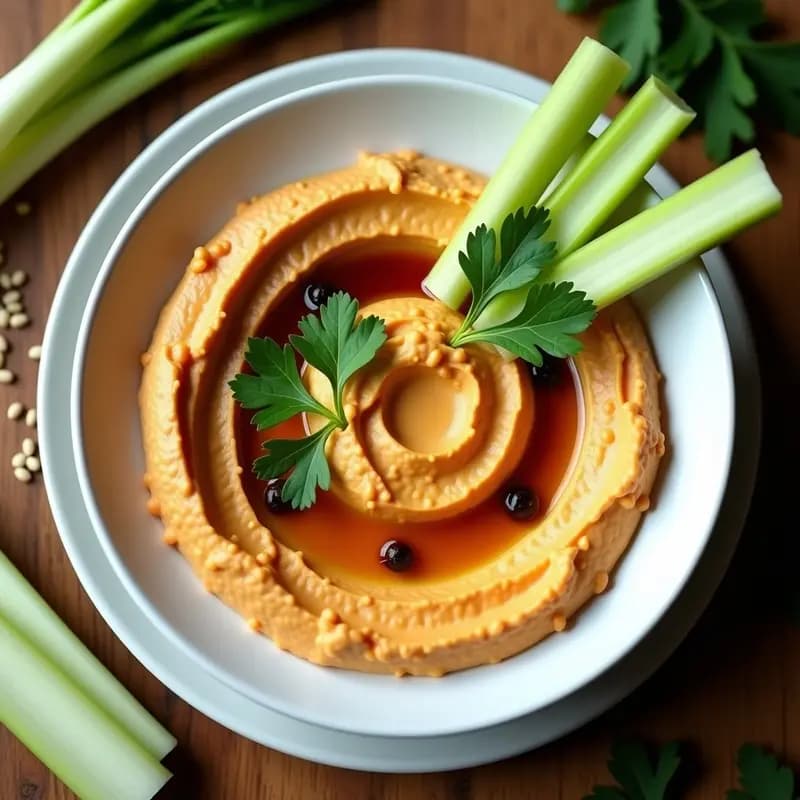 Bol de porcelana blanca con hummus de lentejas Corail cremoso, decorado con aceite de trufa negra en zigzag, hojas de cilantro fresco y un fondo de crudités de endibia y apio. Receta de dip francés vegano elegante.