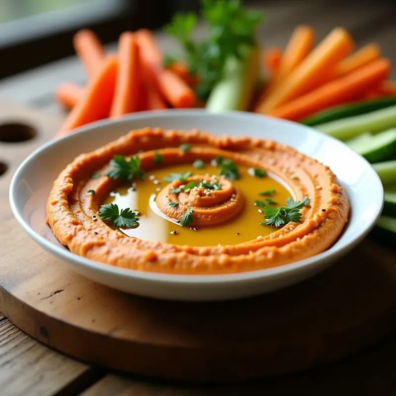 Bol hondo de cerámica blanca con hummus de lentejas rojas cremoso, decorado con aceite de oliva virgen extra, perejil fresco picado, semillas de sésamo tostadas y un toque de pimentón ahumado. Acompañado de bastones de zanahoria y pan sin gluten crujiente.