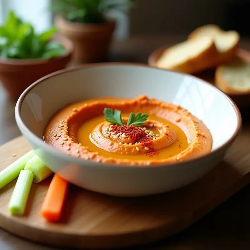 Bol de cerámica blanca con hummus de lentejas rojos y pimentón, cremoso y brillante, decorado con semillas de sésamo tostadas, pimentón espolvoreado y apio picado. Acompañado de bastones de zanahoria y pan integral tostado, sobre una mesa de madera rústica con un hilo de aceite de oliva.
