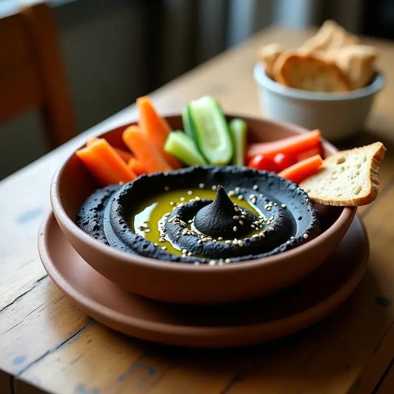 Bol de hummus negro con pimienta activada, decorado con aceite de oliva y semillas de sésamo, acompañado de bastones de zanahoria y pan de pita integral.