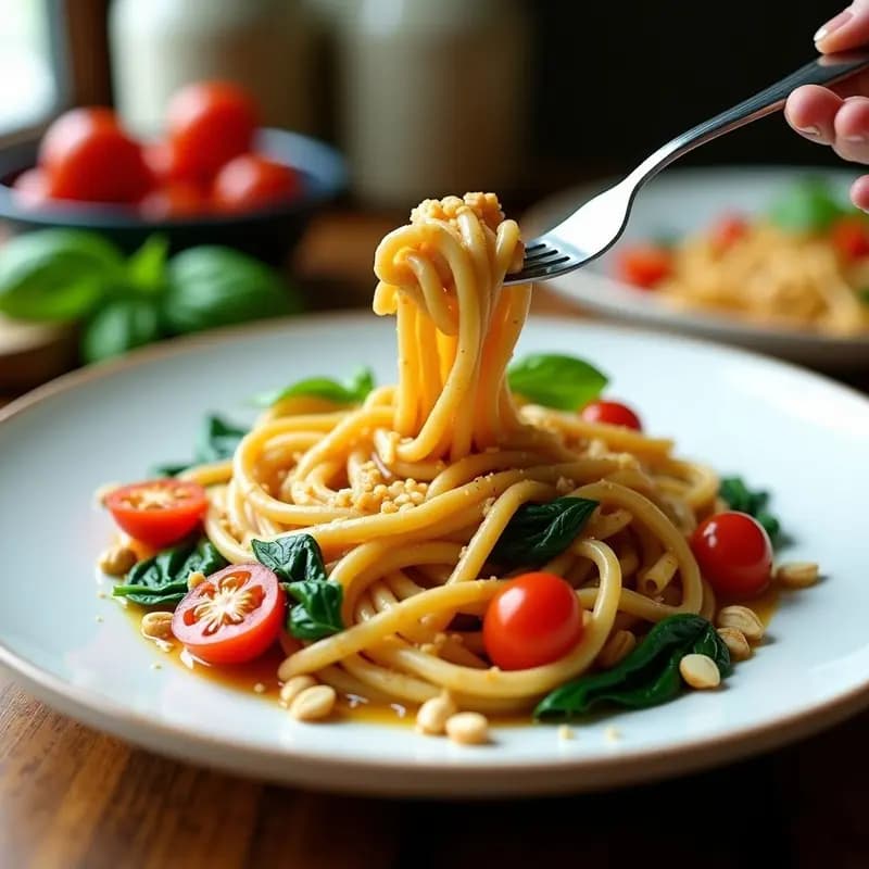 Plato de pasta integral bañada en salsa Alfredo vegana de hummus, con espinacas salteadas, tomates cherry y piñones tostados, decorado con albahaca fresca.