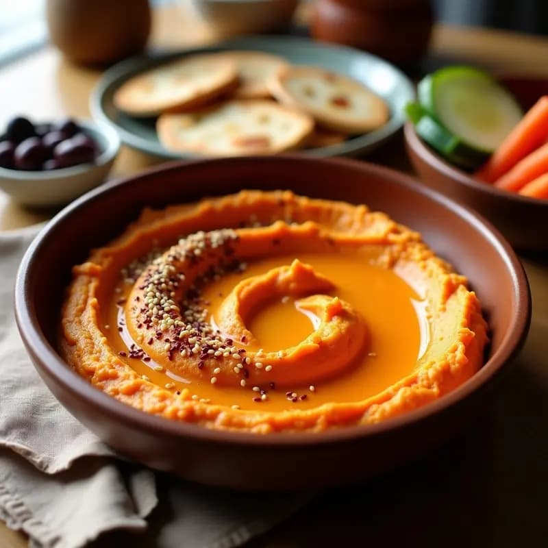 Bol de hummus cremoso de color naranja intenso con vetas de pimiento asado, decorado con pimentón ahumado y semillas de sésamo, acompañado de pan de pita y bastones de zanahoria.
