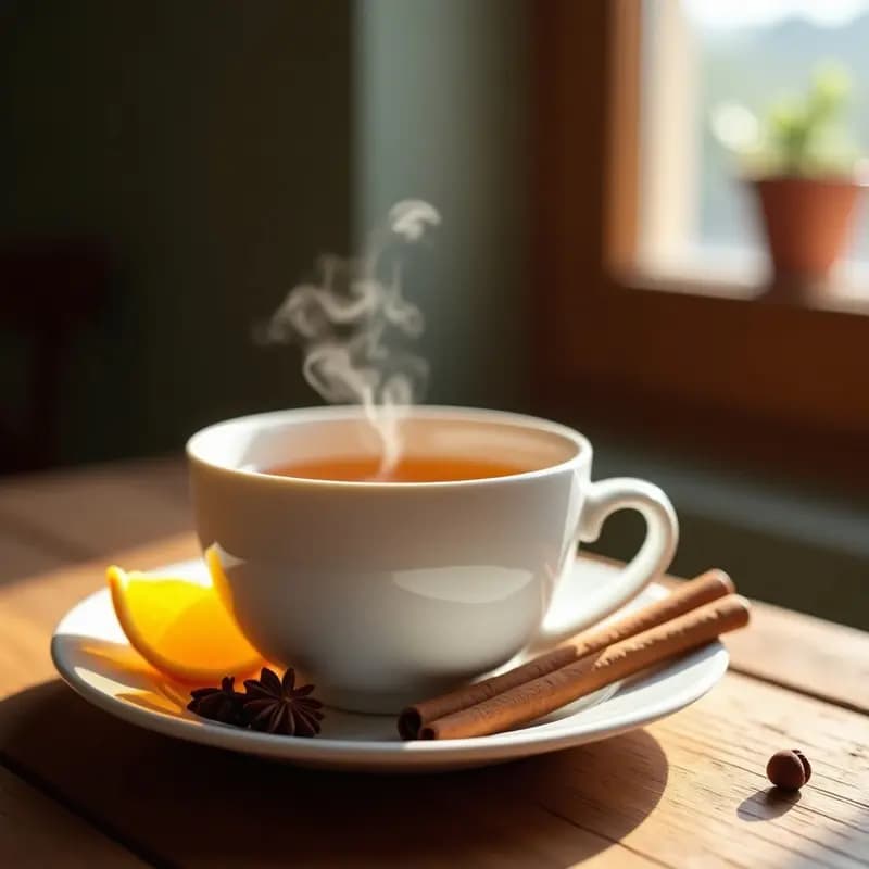 Taza de cerámica blanca humeante con infusión caliente de canela y pimienta de Jamaica, decorada con una ramita de canela y granos de pimienta de Jamaica al lado, sobre una mesa de madera rústica con fondo borroso.