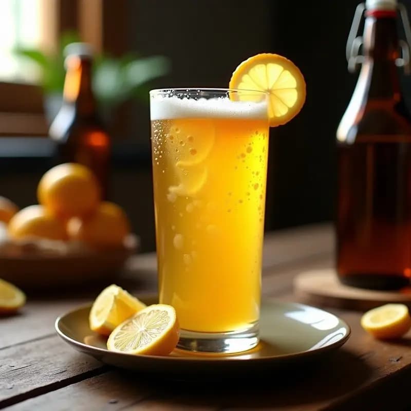 Vaso alto de cristal con Ingwerbier alemana sin alcohol, dorada y burbujeante, servida con hielo y decorada con una rodaja de jengibre fresco y un gajo de limón. Fondo rústico de madera con botellas de vidrio y especias al lado.