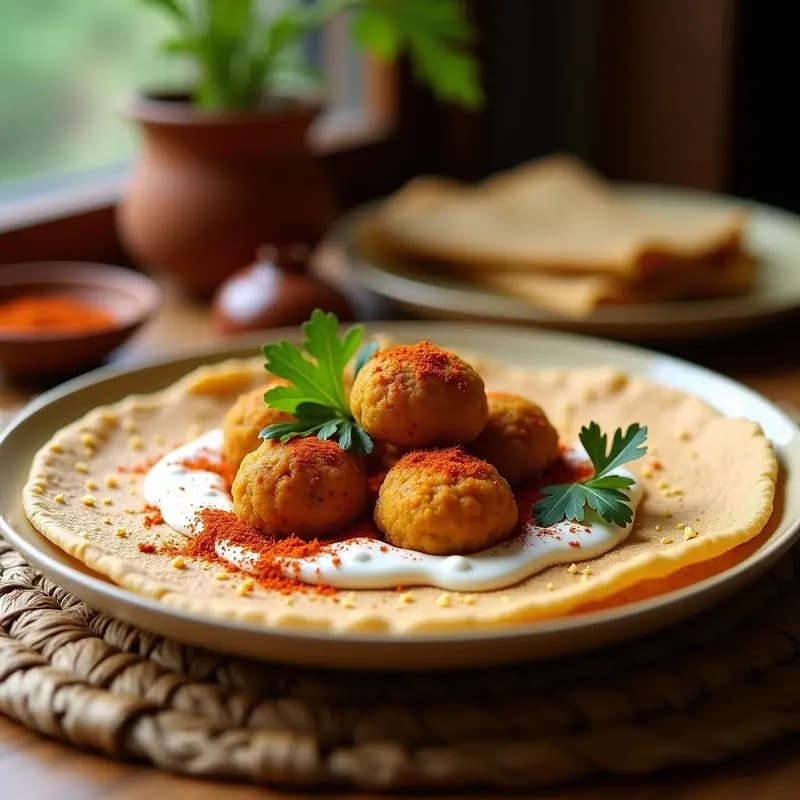 Plato tradicional eritreo con injerá esponjosa y dorada, falafel de garbanzos crujientes, salsa de berbere roja y semillas de sésamo tostado, desayuno vegano alto en proteína.
