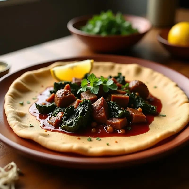 Plato tradicional etíope con injera esponjosa de color marrón claro, estofado de cordero oscuro y especiado con berbere, decorado con hojas de kale y rodajas de limón sobre fondo rústico de madera.