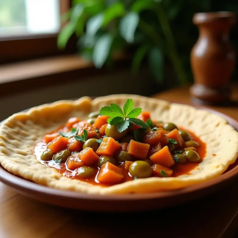 Plato tradicional etíope con injera esponjosa y estofado cremoso de plátano verde (gombé), especias berbere y semillas de sésamo, servido en un cuenco de barro sobre fondo rústico.