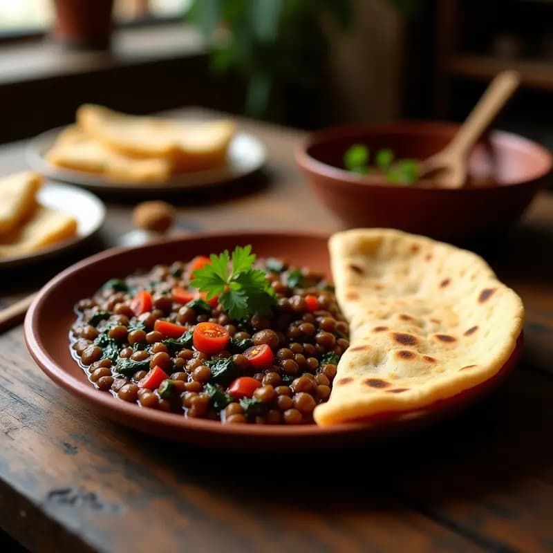 Plato tradicional etíope con injera esponjosa y dorada, acompañada de un estofado espeso de lentejas pardinas con especias berbere, espinacas y tomate, servido en un plato de barro rústico con fondo de madera oscura.