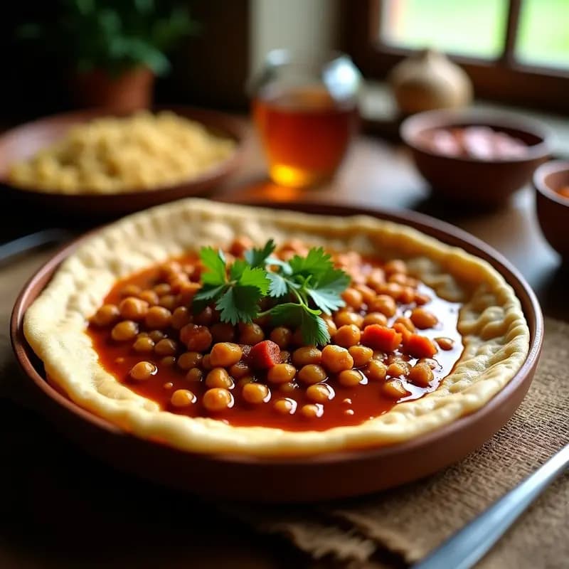 Plato tradicional etíope con injera esponjosa y oscura servida como base, cubierta con un abundante stew de garbanzos en salsa roja especiada con berbere, decorado con espinacas y cilantro fresco. Receta de injera etíope con stew de garbanzos y berbere en olla lenta.