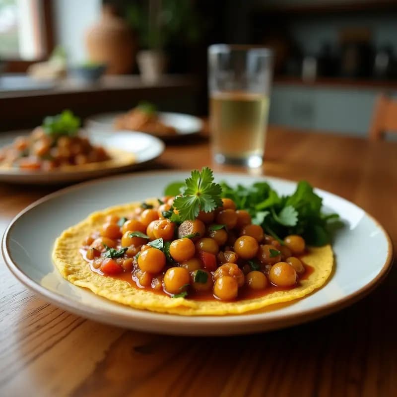 Plato tradicional etíope con injera esponjoso de teff, stew espeso de lentejas rojas, calabaza butternut y espinacas, aromatizado con berbere. Desayuno vegano y sin gluten con colores vibrantes y texturas contrastadas.