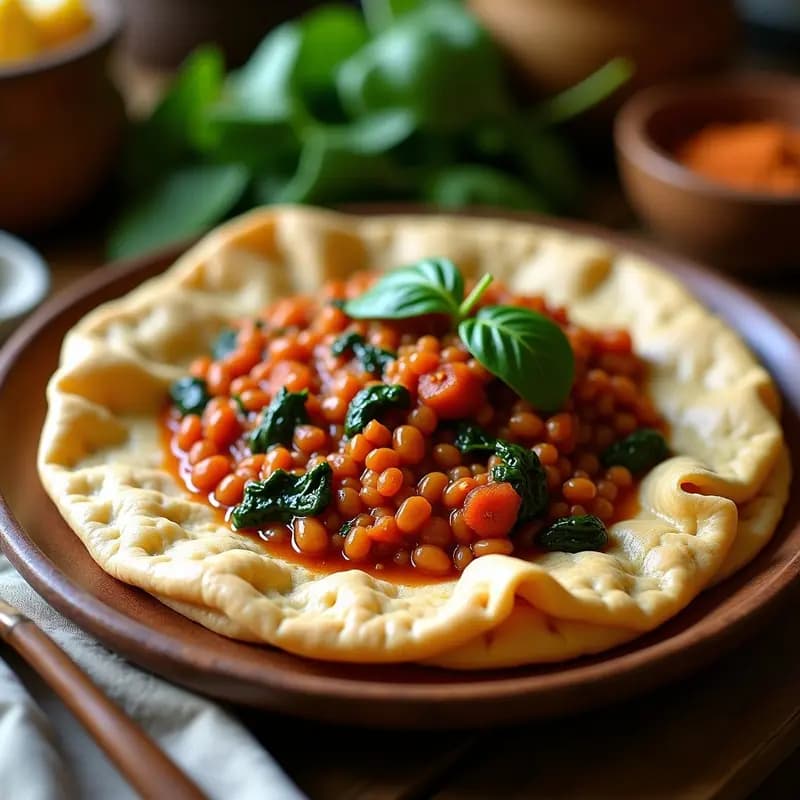 Plato tradicional etíope con injera esponjosa y fermentada de color marrón claro, cubierto de wat de lentejas rojas y espinacas verdes en salsa especiada. Semillas de sésamo tostadas espolvoreadas por encima. Fondo rústico con más injeras apiladas.