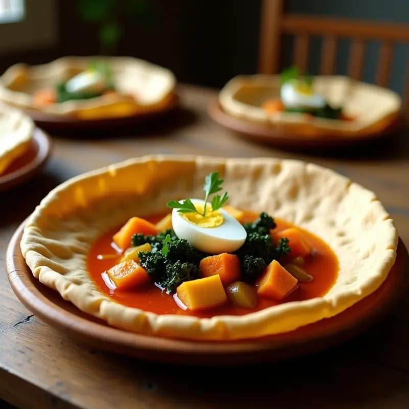 Plato tradicional etíope con injera esponjosa de teff, wat de pollo aromático con berbere, calabaza, espinacas y huevo duro, servido en un plato de barro rústico.