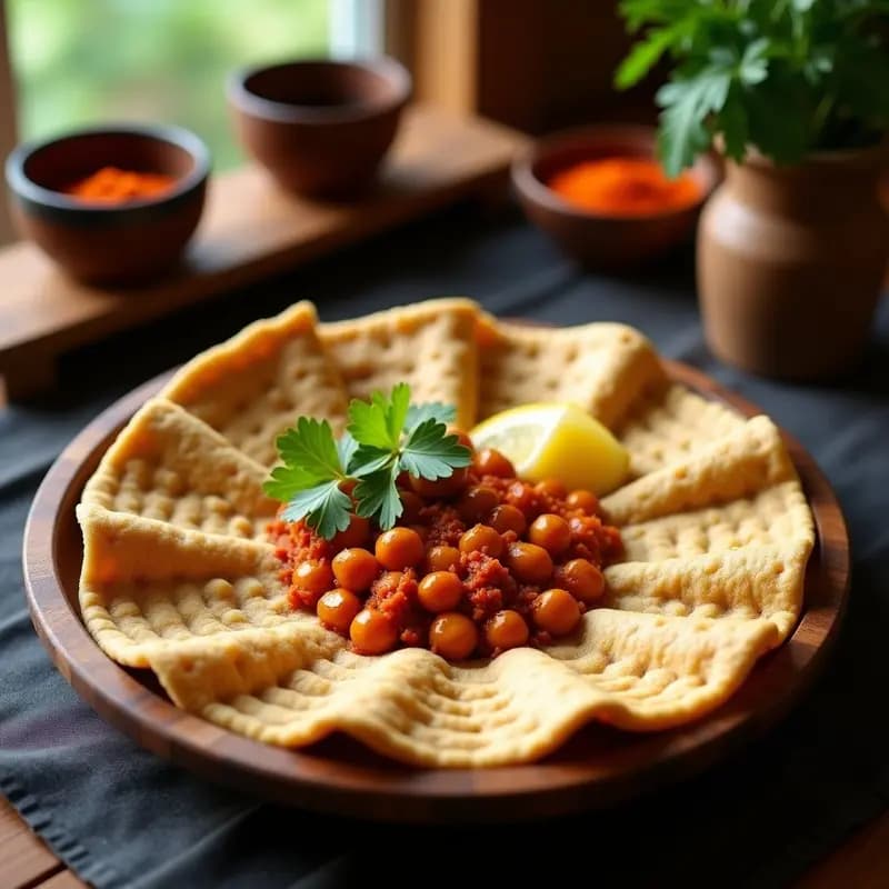 Plato tradicional etíope con injeras de teff esponjosas y doradas, servidas con estofado de garbanzos berbere espeso y aromático, decorado con cilantro fresco y rodajas de limón.