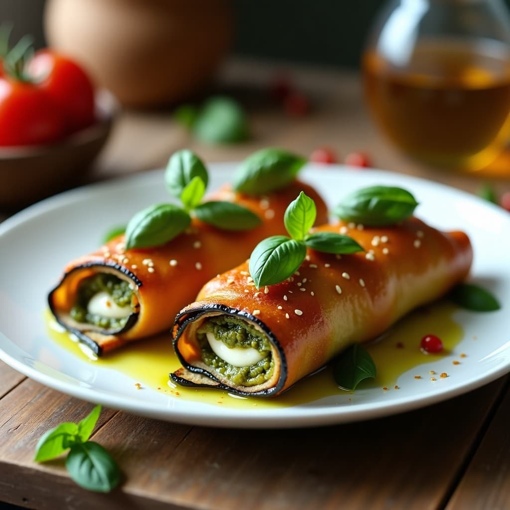 Involtini de berenjena dorados en airfryer, rellenos de pesto de albahaca verde brillante y tomates secos, servidos en plato blanco con hilo de aceite de oliva y hojas de albahaca fresca.