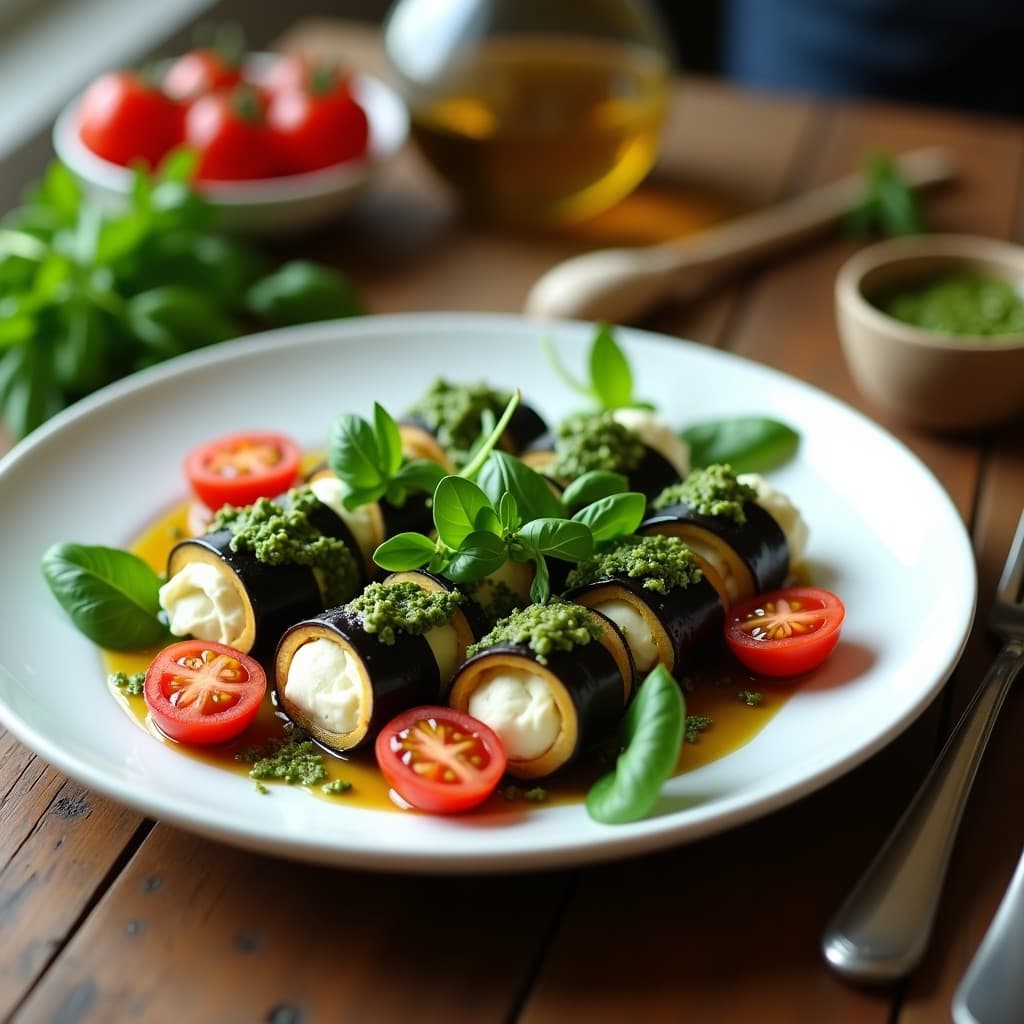 Plato blanco ovalado con Involtini de Berenjena con Ricotta y Pesto de Rúcula dispuestos en círculo, acompañados de tomates cherry salteados y decorados con pesto de rúcula y hojas frescas. Receta italiana baja en carbohidratos.