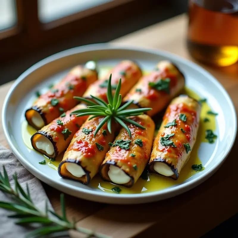 Plato blanco ovalado con cuatro involtini de berenjena perfectamente enrollados, rellenos de ricotta vegana cremosa y hierbas provenzales, decorados con tomates cherry asados y aceitunas negras, sobre un fondo rústico de madera con hierbas frescas.