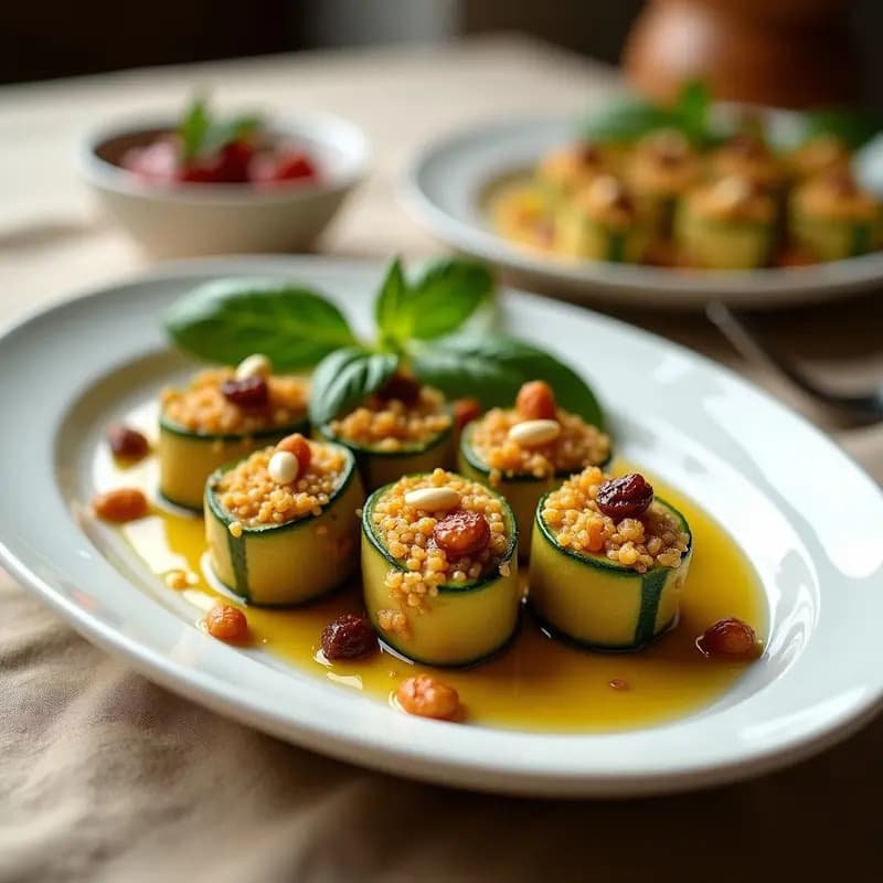 Plato blanco ovalado con involtini de calabacín relleno de quinoa y pasas, decorados con hojas de albahaca fresca y piñones tostados. Los rollitos dorados se disponen en espiral, con un hilo de aceite de oliva virgen extra brillando sobre ellos. Fondo rústico con mantel de lino beige.