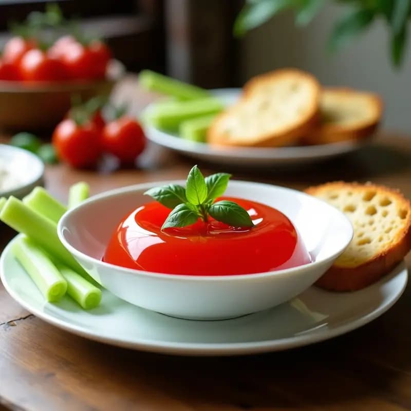 Cuenco de porcelana blanca con jalea real de tomate y albahaca, de color rojo intenso y textura sedosa, decorada con hojas de albahaca fresca y un hilo de aceite de oliva virgen extra. Alrededor, pan sin gluten tostado y bastones de apio para mojar, sobre una mesa de madera rústica.