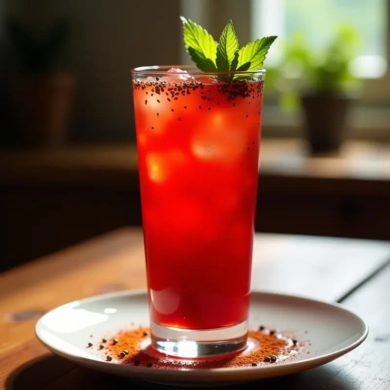 Vaso transparente con jalea de tamarindo y chili sin azúcar, textura gelificada con semillas de chía en la superficie, decorado con hojas de menta y un toque de chili en polvo, sobre una mesa rústica de madera con fondo desenfocado.