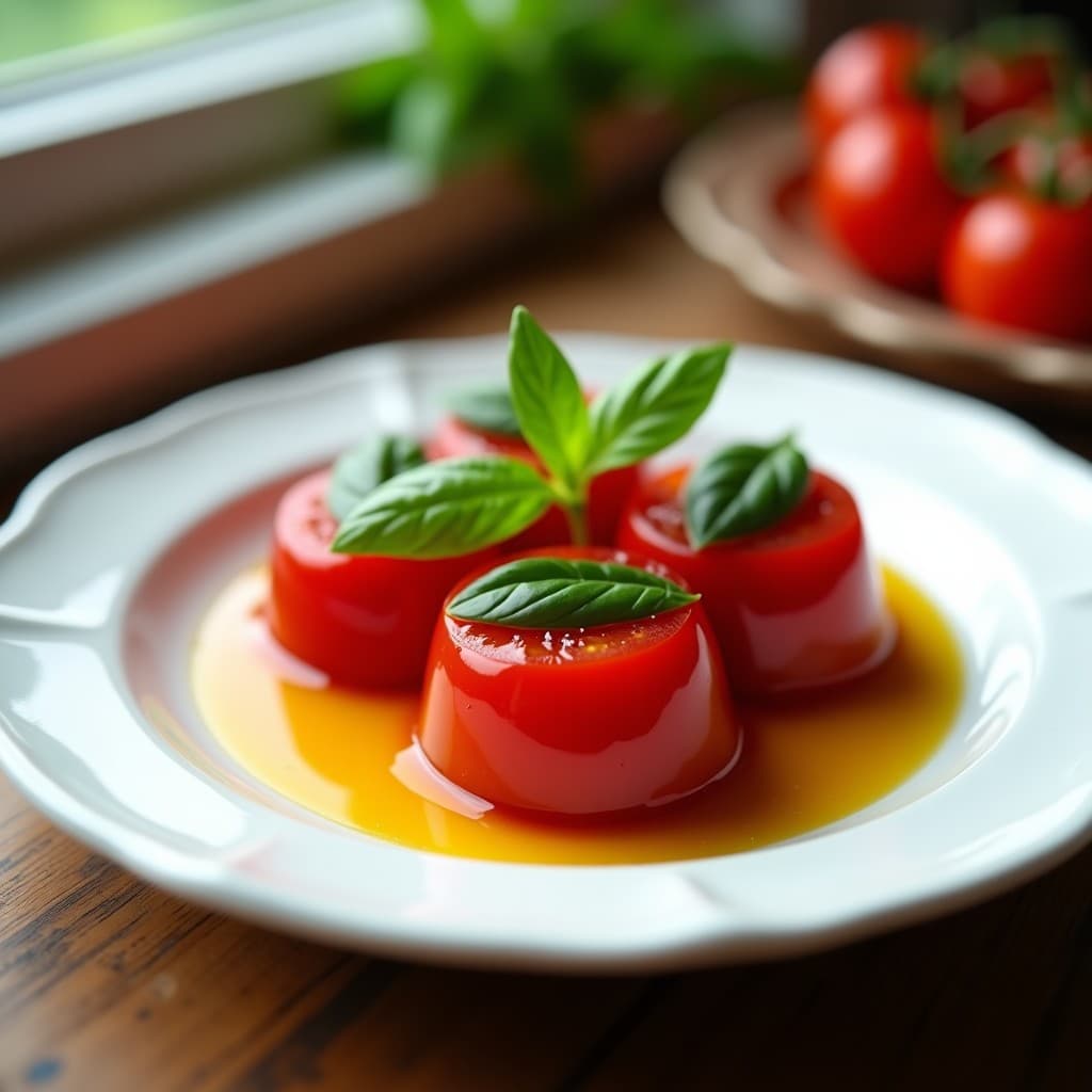 Plato blanco con porciones de jalea real de tomate y albahaca vegana, de color rojo brillante y textura gelificada, decorada con hojas de albahaca fresca y un hilo de aceite de oliva virgen extra.