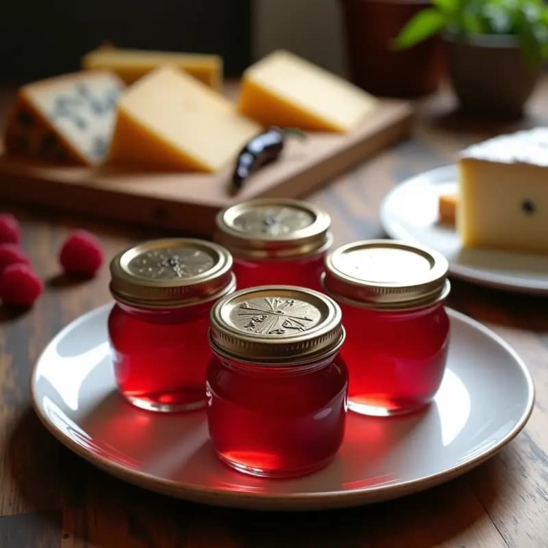 Frasco de vidrio transparente lleno de jalea de vinagre de frambuesa y chile, con tonos rojos brillantes y textura gelificada, acompañado de rodajas de queso cheddar y una cuchara de madera. Receta británica tradicional para maridar con quesos picantes.
