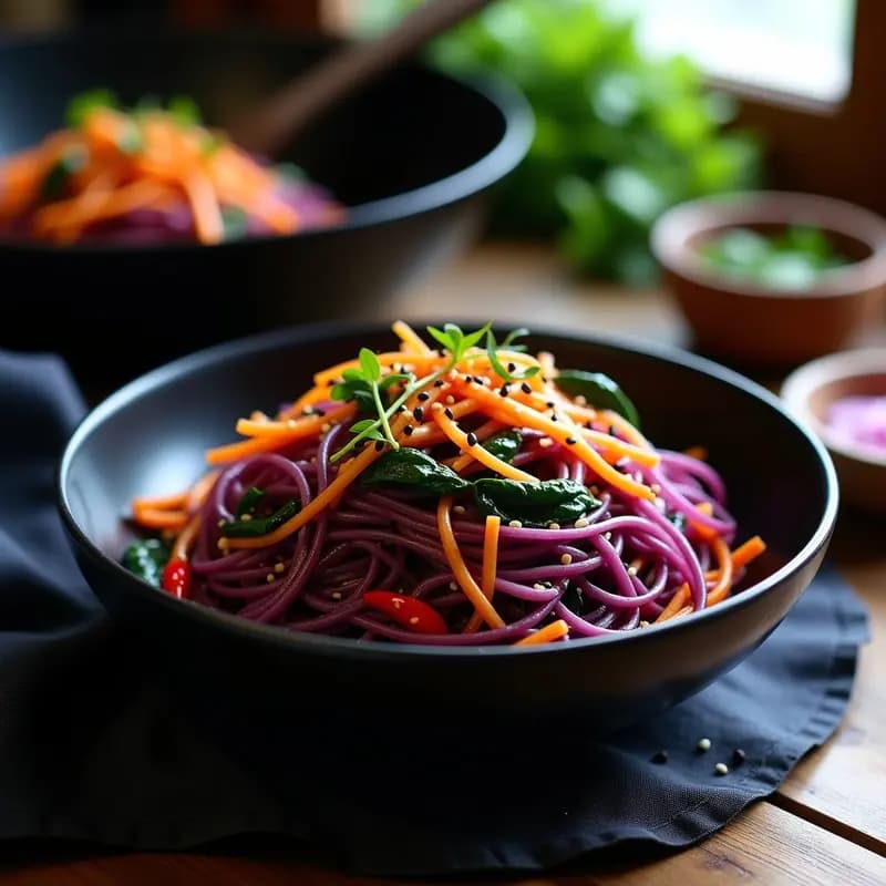 Plato hondo negro con Jap Chae de batata morada y espinacas, fideos violetas brillantes salteados con espinacas verdes, zanahoria naranja y cebolla morada, decorado con semillas de sésamo negro y blanco. Receta coreana sin gluten en wok.