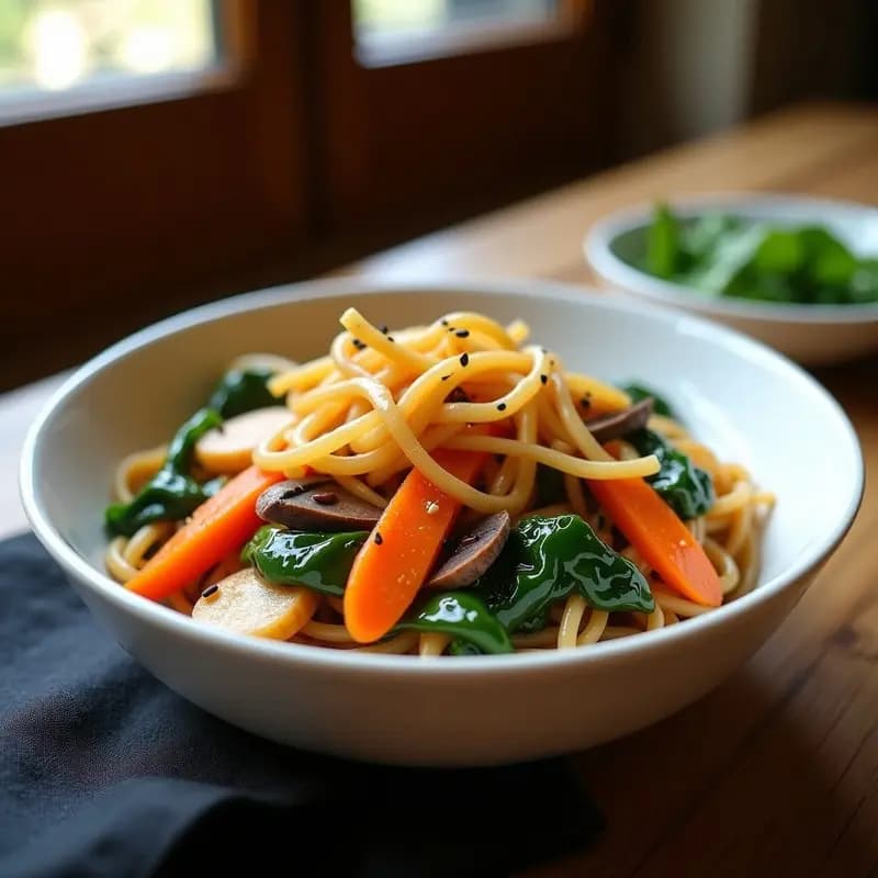 Plato colorido de Japchae coreano vegano con fideos de batata translúcidos, bastones de batata morada, espinacas verdes, zanahoria naranja y semillas de sésamo negro, bañado en salsa de sésamo y miel, servido en un bol de cerámica blanca.