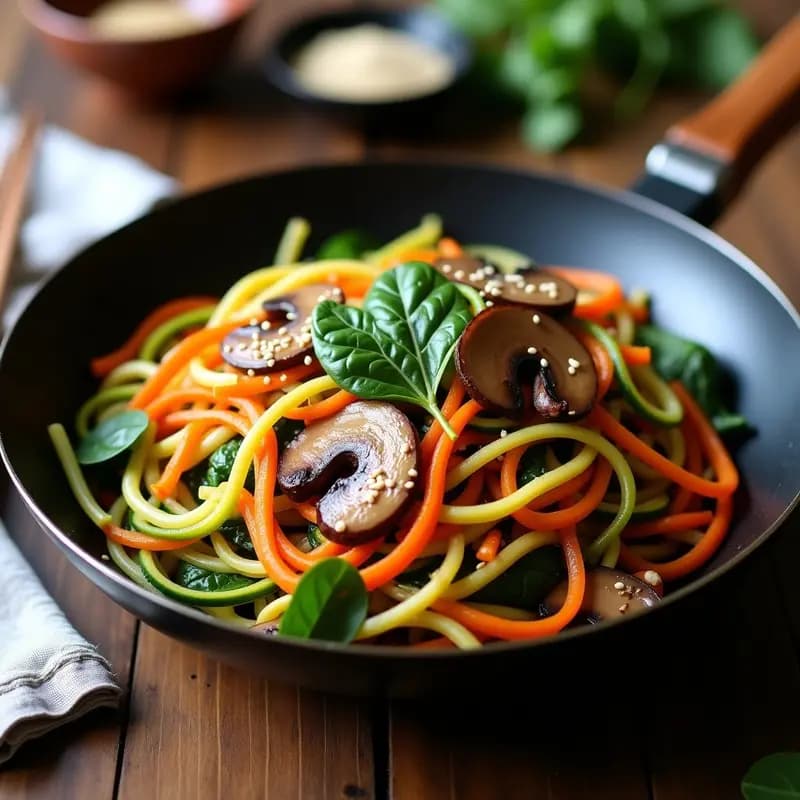 Wok negro con Japchae de fideos de calabacín y zanahoria en juliana, salteados con espinacas baby, bañados en salsa de soja sin gluten y decorados con semillas de sésamo tostadas. Plato colorido y vibrante sobre fondo de madera rústica.