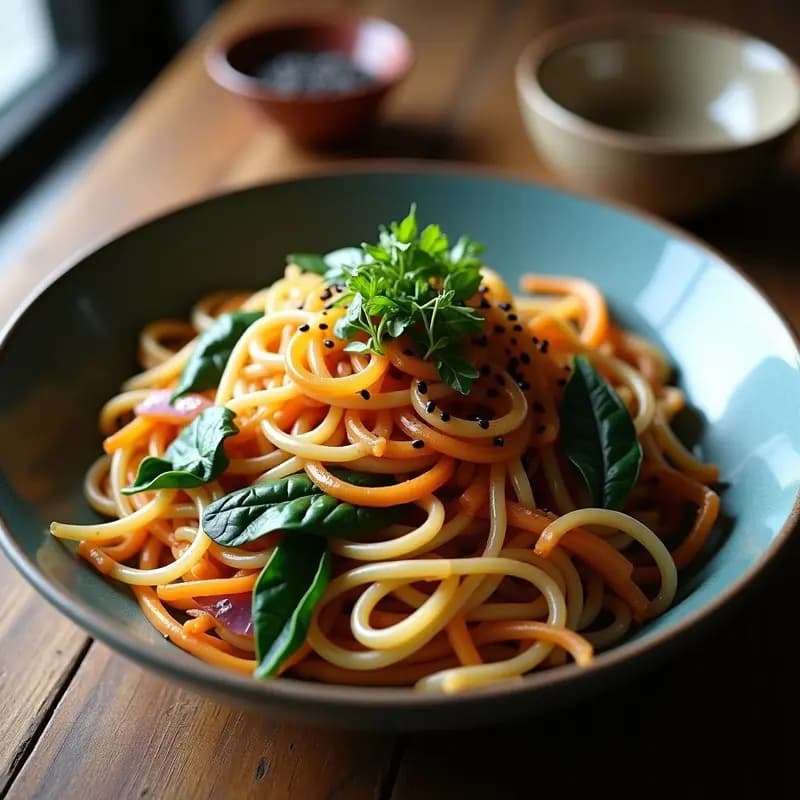 Plato hondo de cerámica blanca con Japchae de camote y espinacas: fideos morados de camote salteados con espinacas frescas, cebolla morada, pimiento rojo y semillas de sésamo y calabaza tostadas. La salsa de soja brilla sobre los fideos, y el conjunto está decorado con un hilo de aceite de sésamo negro.