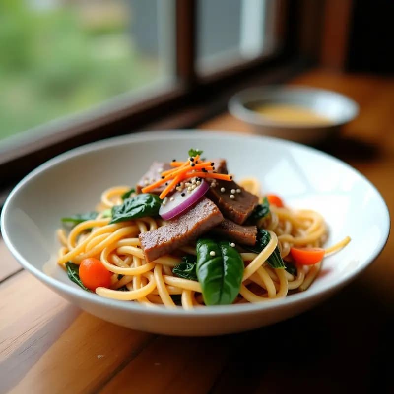 Plato colorido de Japchae con fideos de batata transparentes salteados con ternera en tiras, espinacas verdes, zanahoria naranja y cebolla morada, espolvoreado con semillas de sésamo negro y blanco, servido en un bol de cerámica blanca sobre fondo de madera.