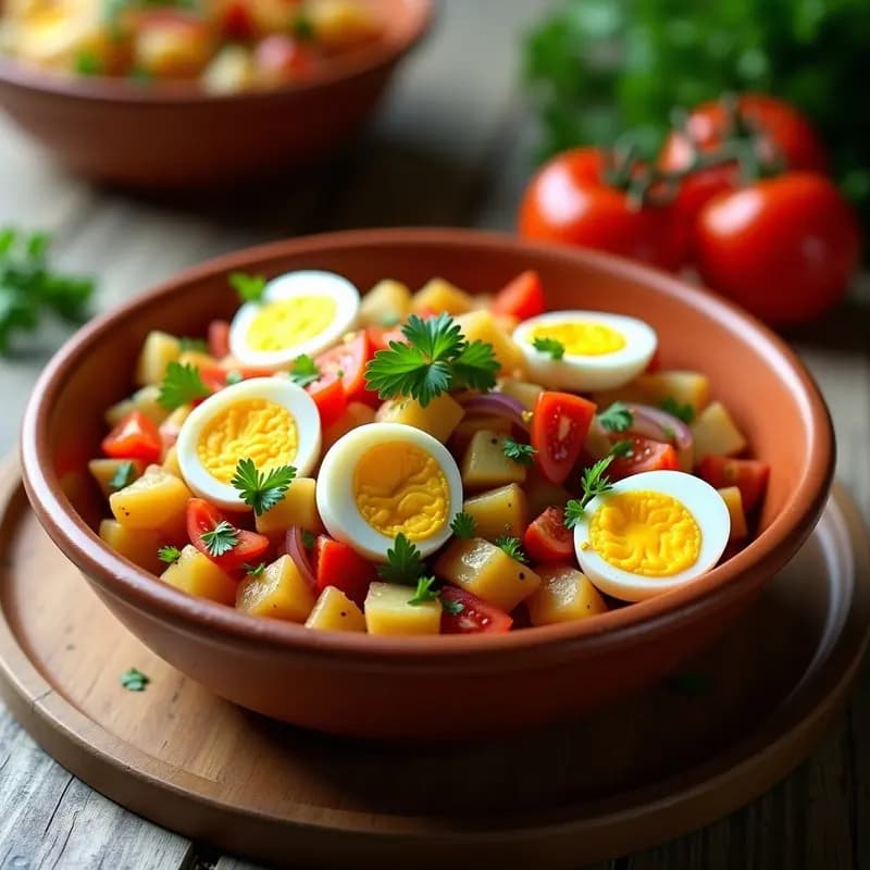 Ensalada canaria Jardín de Tienea en un bol de barro, con patatas en cubos, huevos duros en cuartos, ventresca desmenuzada, cebolla morada y pimiento verde, decorada con perejil fresco y aliñada con vinagreta de pimentón.