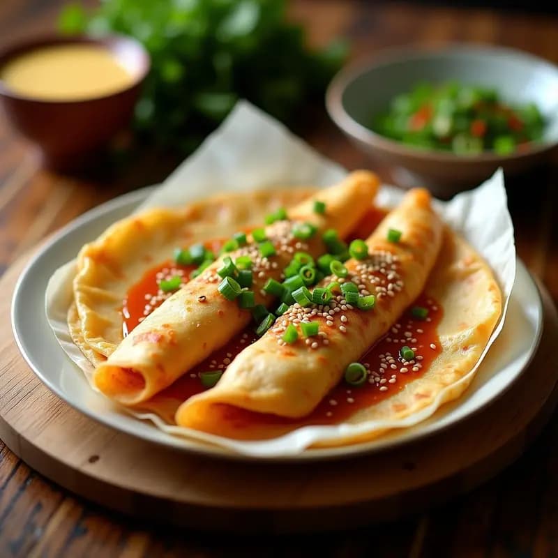 Jianbing chino recién preparado, crujiente y dorado, relleno de huevo frito, salsa hoisin oscura, cebollino picado y crujientes de sésamo, servido en papel de arroz sobre tabla de madera rústica.
