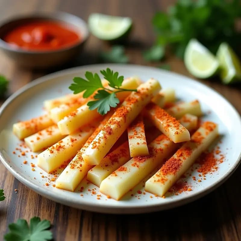 Plato blanco con bastones de jicama fresca marinada en chile y limón, espolvoreados con chile tajín y cilantro picado, snack mexicano crujiente y bajo en calorías.
