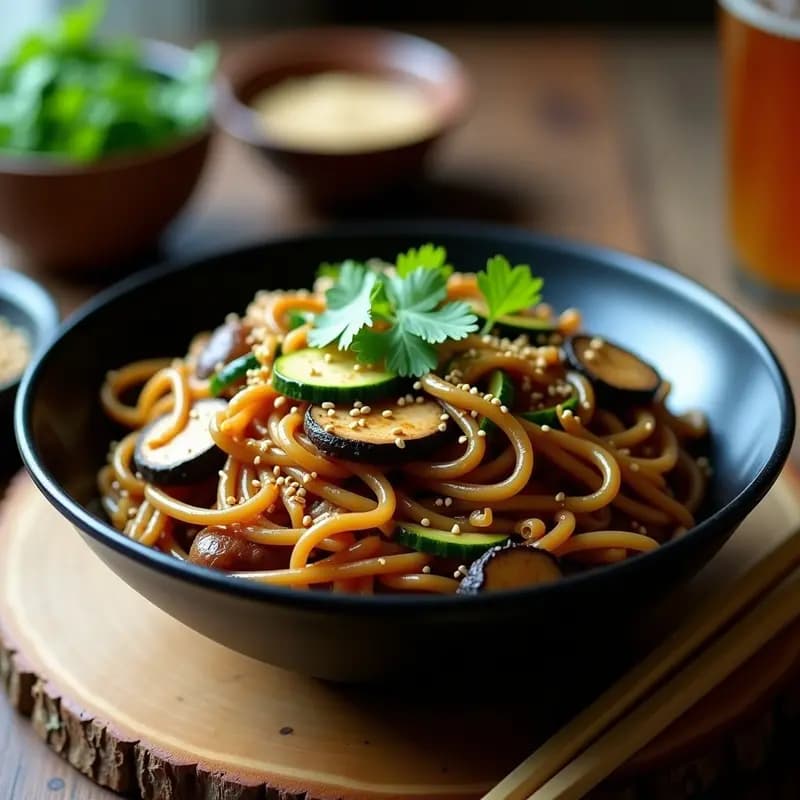 Plato hondo de cerámica negra con jjajangmyeon vegano: fideos de arroz integrales mezclados con calabacín espiralizado, champiñones portobello salteados y salsa de sésamo negro cremosa. Decorado con semillas de sésamo tostadas y cilantro fresco.