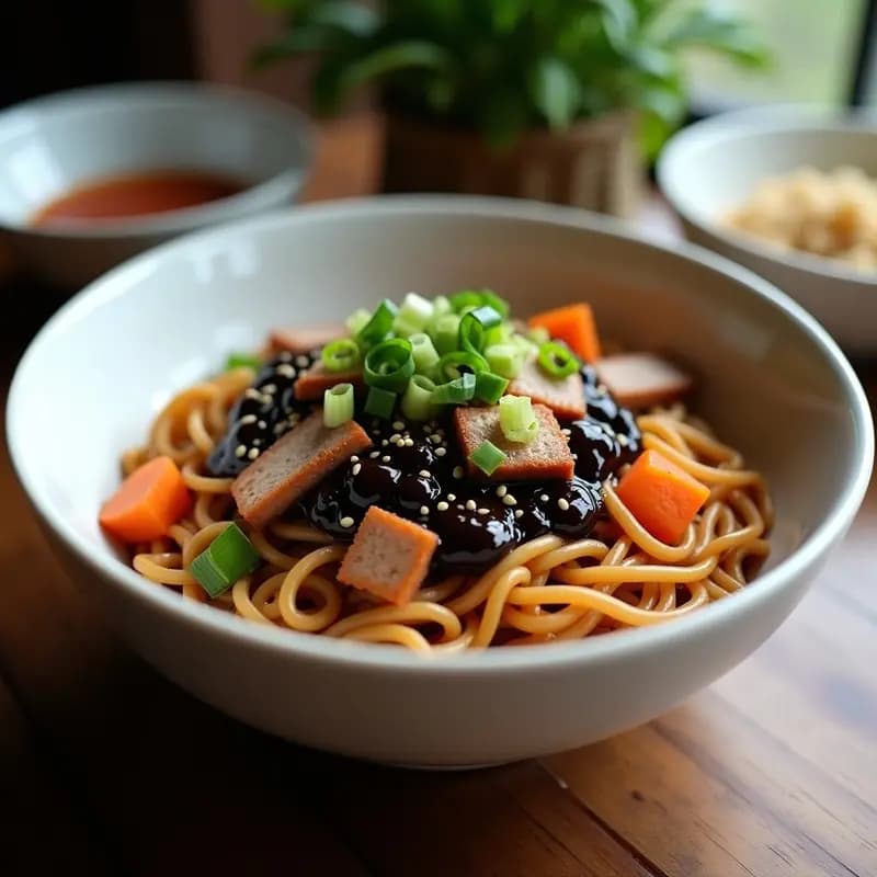 Plato hondo de cerámica negra con fideos Jjajangmyeon bañados en salsa negra de frijol y trozos de cerdo, decorado con cebolla verde y semillas de sésamo, sobre fondo rústico.