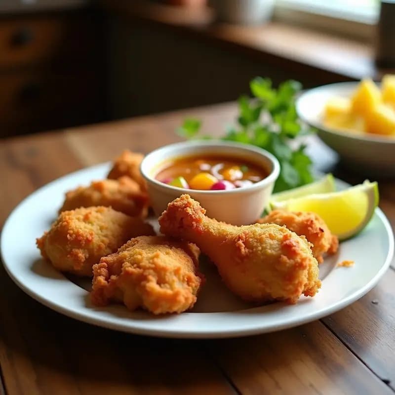 Plato blanco con trozos dorados y crujientes de Chickenjoy estilo Jollibee, acompañados de salsa de piña espesa con trocitos de piña fresca y cebolla morada, sobre fondo rústico de madera con rodajas de limón.